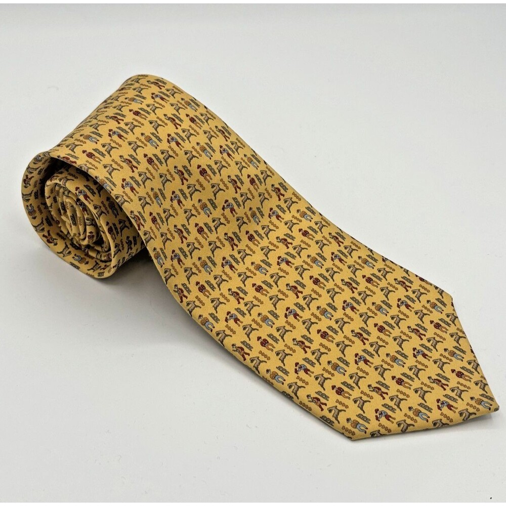 SALVATORE FERRAGAMO Men's‎ 100% Silk Necktie ITALY Luxury Animal Llama Yellow
